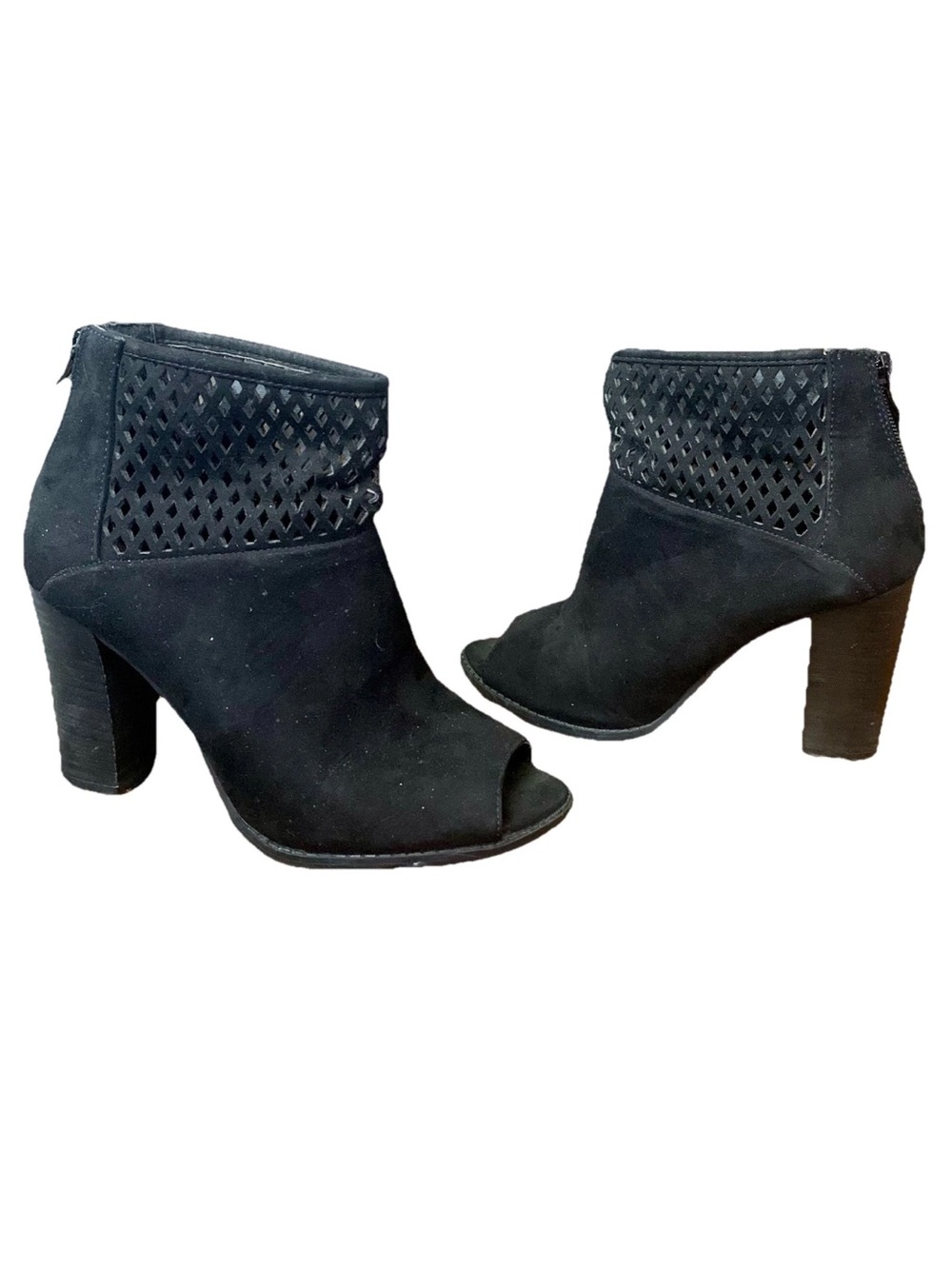Black Suede Peep-Toe Chunky Heel Booties Zip Moto Biker Punk Goth REPORT WMNS 6?